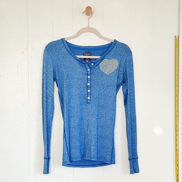 PINK Victoria's Secret Tops - Vintage 2000s Victorias Secret PINK Metallic Heart Heathered Henley Top Blue M
